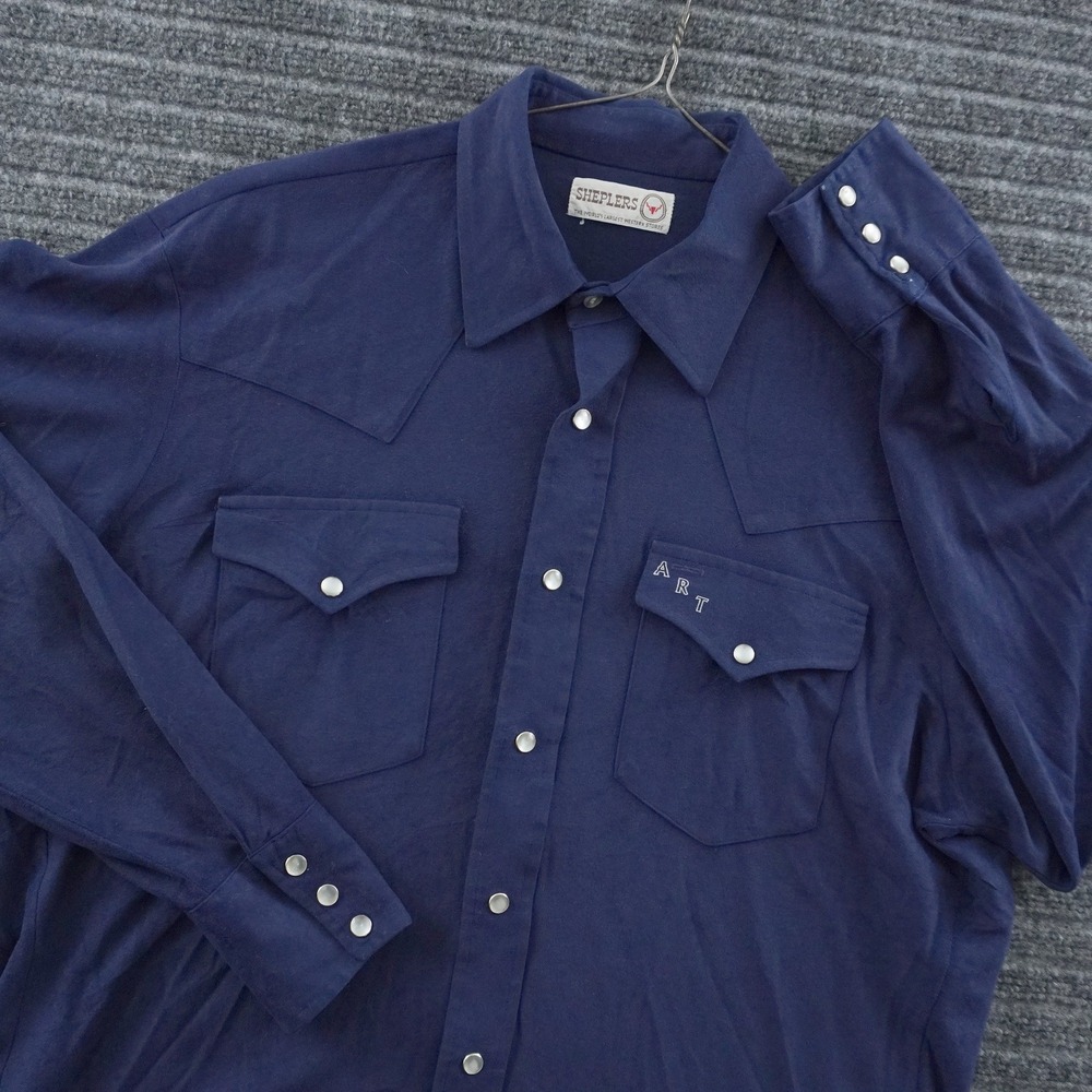 Vintage 70s Sheplers Western Shirt Mens XL Navy Blue Pearl Snap Textured